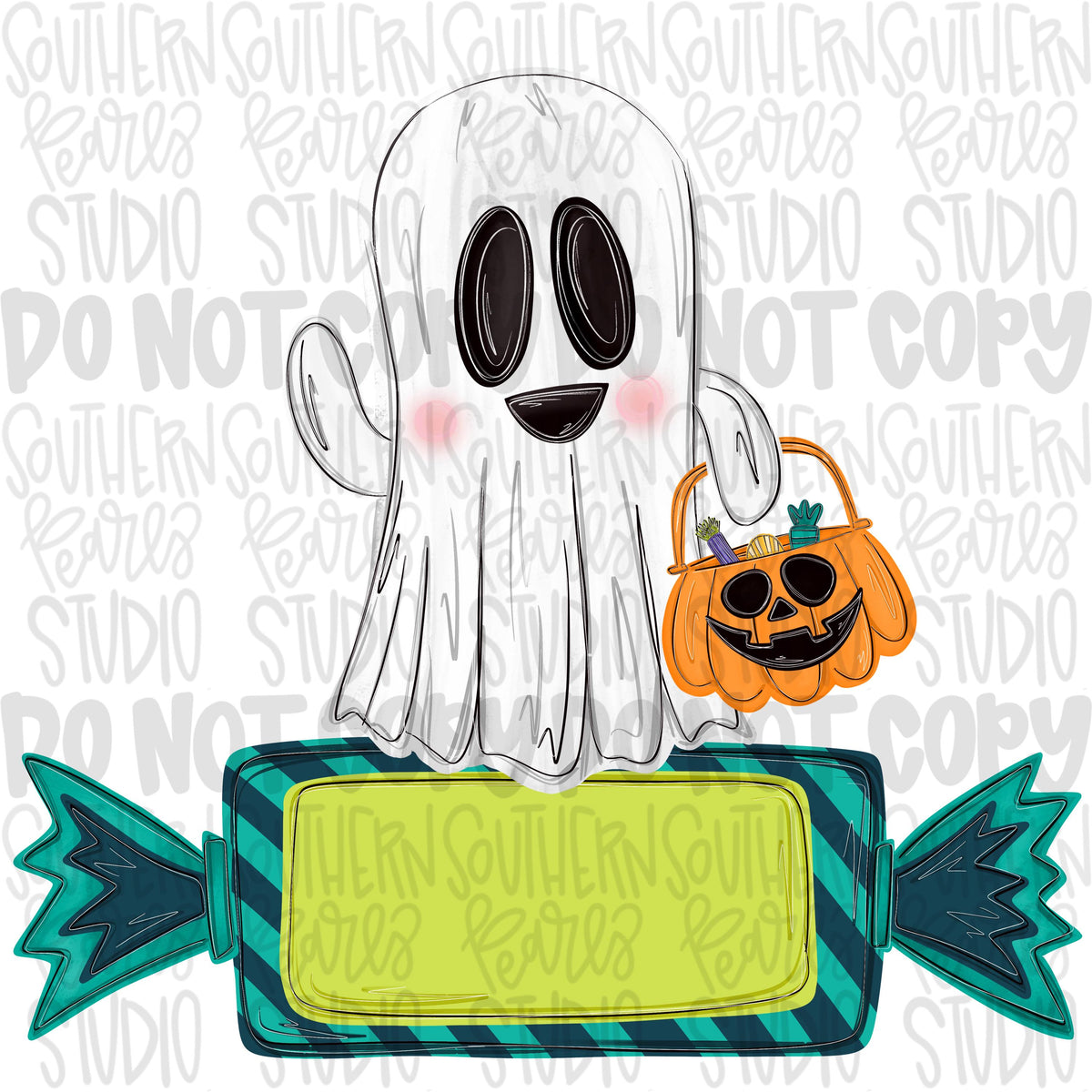 Boy ghost holding trick or treat basket with candy as a name patch | Sublimation Design | Digital Download | Women’s, Kids Shirt PNG