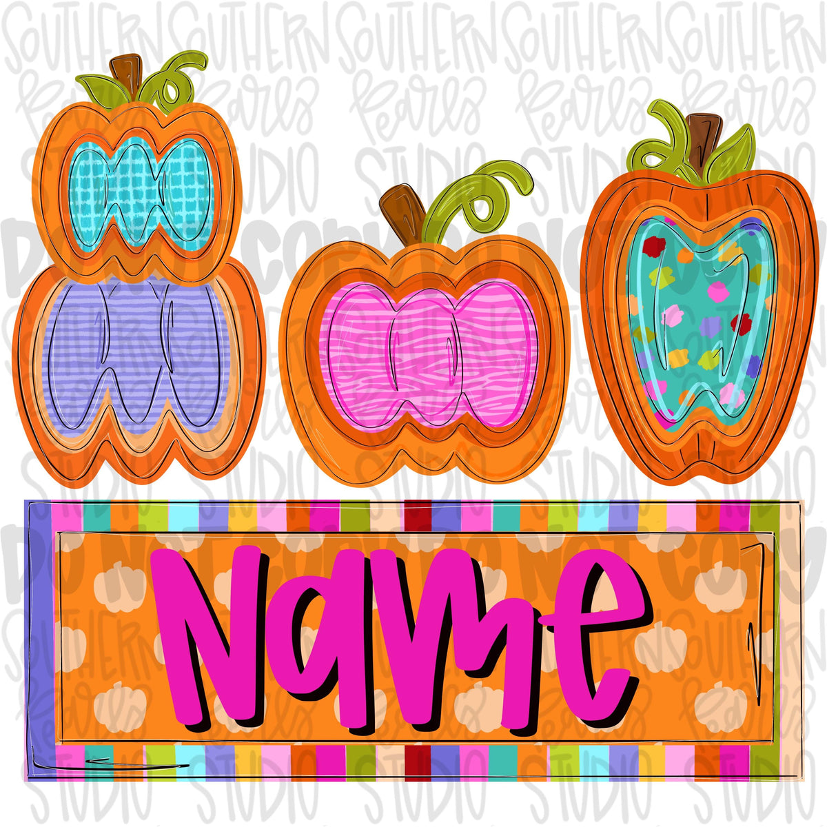 Colorful pumpkin insides trio with Name Patch girl | fall png design | Sublimation Design | Digital Download | Women’s, Kids Shirt PNG