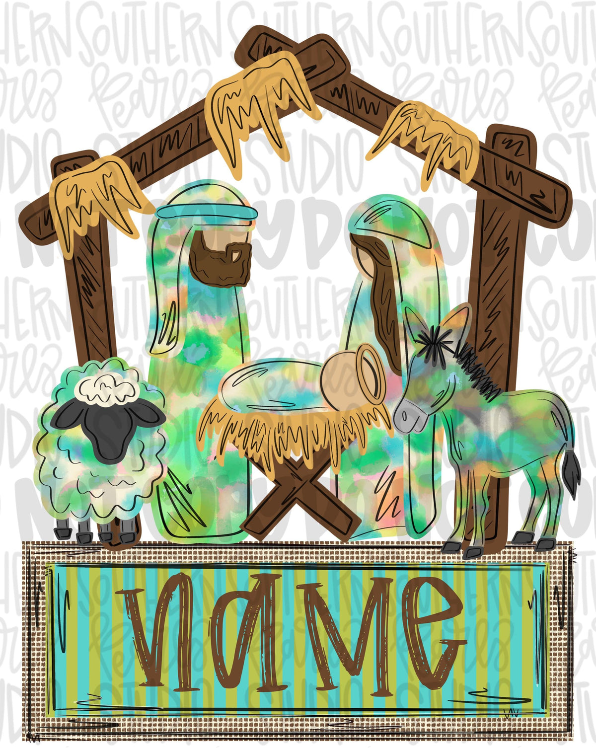 Nativity colorful watercolor png design with name patch boy | Christmas png | Sublimation Design | Digital Download | Womens Kids PNG