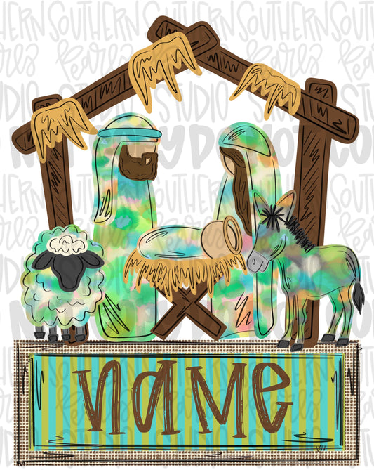 Nativity colorful watercolor png design with name patch boy | Christmas png | Sublimation Design | Digital Download | Womens Kids PNG