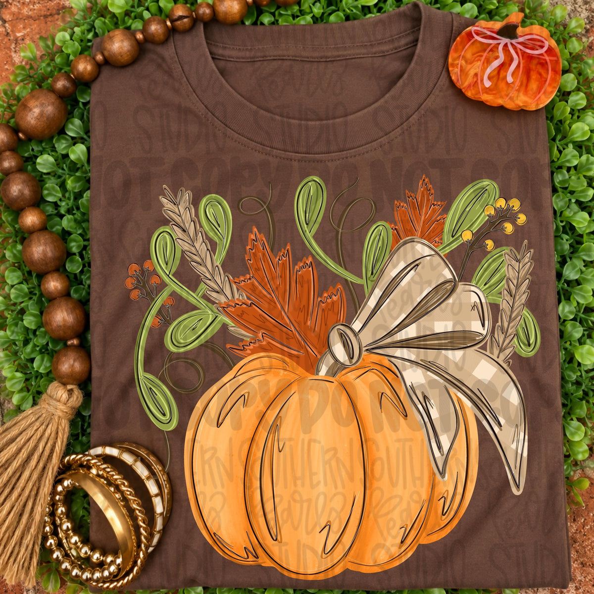 Pumpkin as a vase with plaid bow, leaves, sprigs and wheat png design | fall png | Sublimation Design | Digital Download | Womens Kids PNG