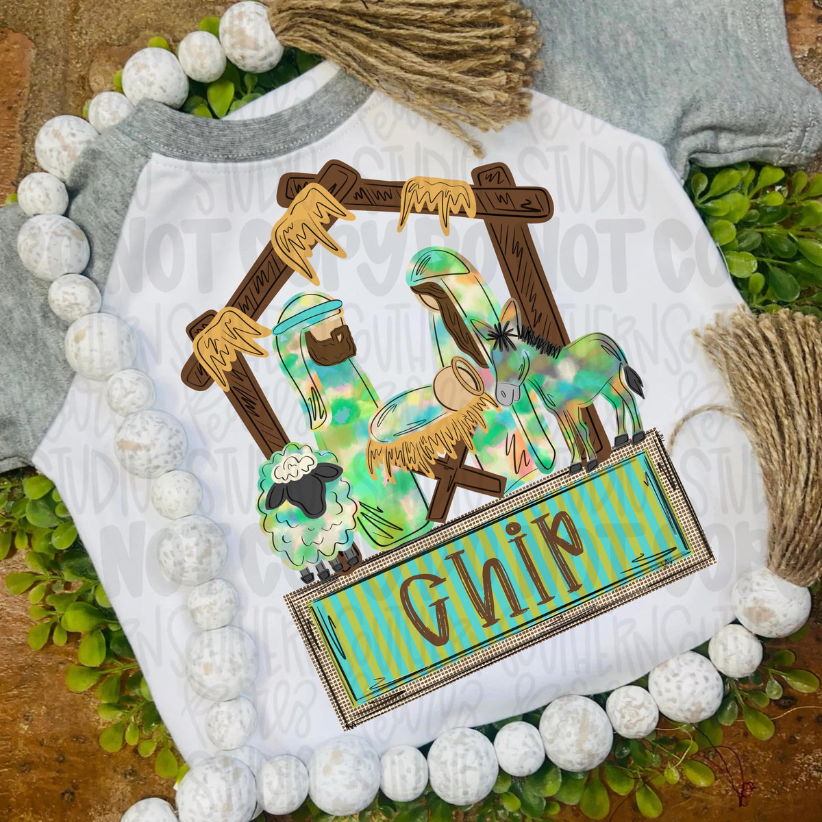 Nativity colorful watercolor png design with name patch boy | Christmas png | Sublimation Design | Digital Download | Womens Kids PNG