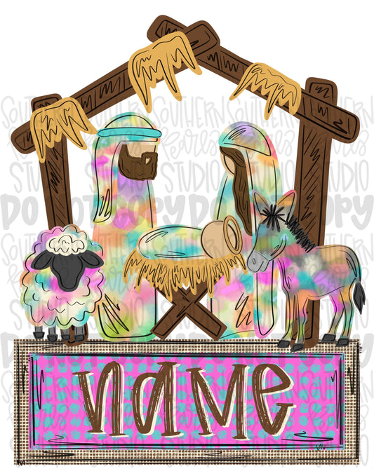 Nativity colorful watercolor png design with name patch girl | Christmas png | Sublimation Design | Digital Download | Womens Kids PNG