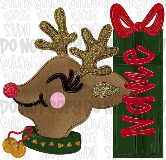 Girl Reindeer with present as a name patch png design | jingle bells on collar | Christmas png | Digital Download | Kids Shirt PNG