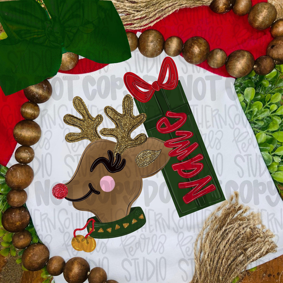 Girl Reindeer with present as a name patch png design | jingle bells on collar | Christmas png | Digital Download | Kids Shirt PNG