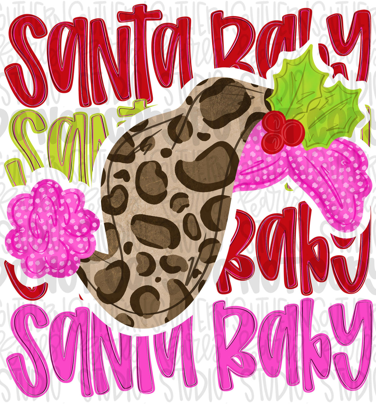 Santa baby leopard and pink Santa hat with holly png design | Christmas png | Sublimation Design | Digital Download | Womens, Kids Shirt PNG