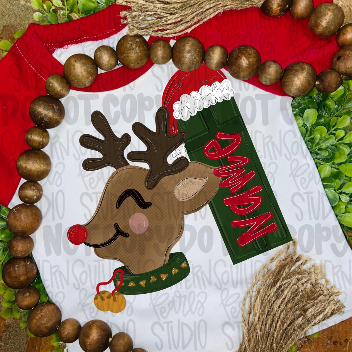 Boy Reindeer with present as a name patch png design | jingle bells on collar | Christmas png | Digital Download | Kids Shirt PNG