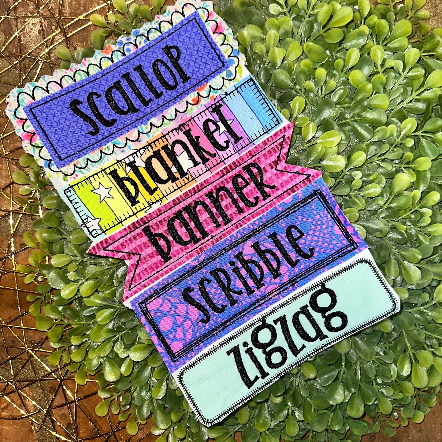 Applique Name Patch design | 5 designs | 2 sizes | blanket stitch, bean stitch, scallop, scribble, zigzag | 5x7 | 4x4