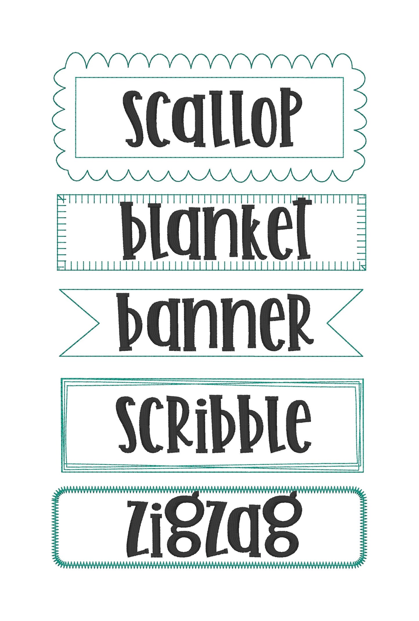 Applique Name Patch design | 5 designs | 2 sizes | blanket stitch, bean stitch, scallop, scribble, zigzag | 5x7 | 4x4