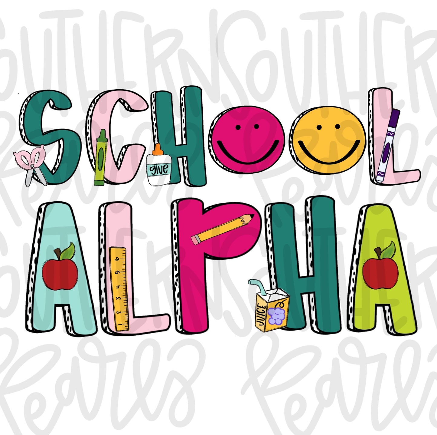 School Alpha | Teacher Alphabet Design | Sublimation Design | Digital Download | Women’s, Kids Shirt PNG