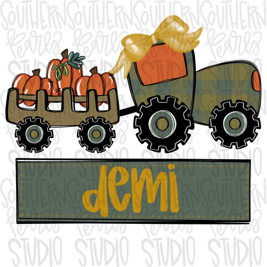 Tractor full of Pumpkins with Name Patch | Sublimation Design | Digital Download | Women’s, Kids Shirt PNG