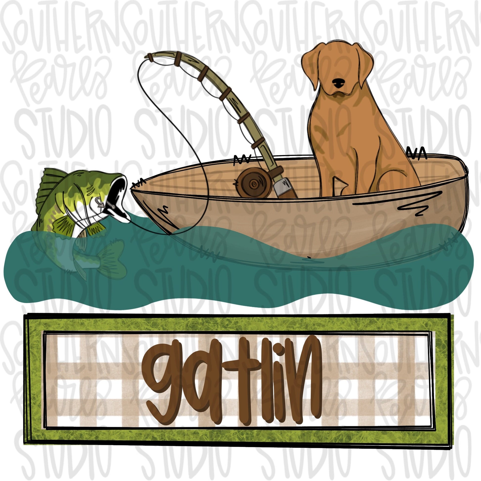 Bass Fishing with Lab in boat name plate | Sublimation Design | Digital Download | Women’s, Kids Shirt PNG