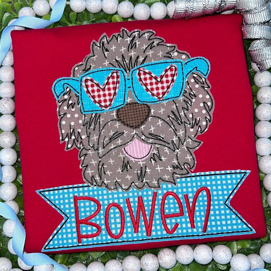 Valentine Goldendoodle Boy Applique Design | Bean Stitch | 5 sizes | 4x4 | 5x7 | 6x10 | 8x8 | 8x12