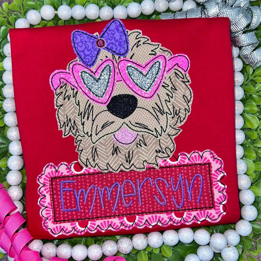 Valentine Goldendoodle Boy Applique Design | Bean Stitch | 5 sizes | 4x4 | 5x7 | 6x10 | 8x8 | 8x12