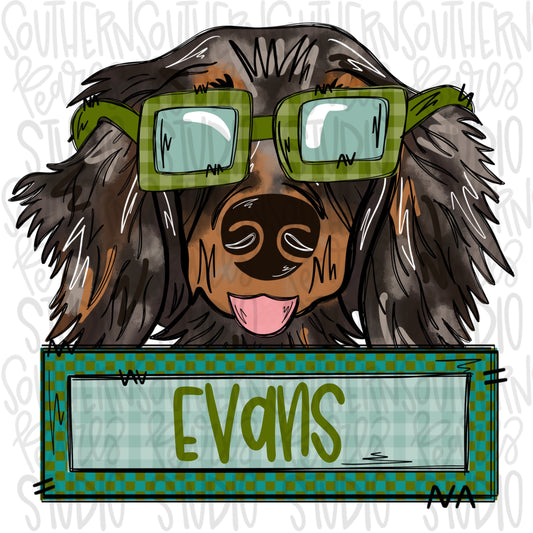 Dachshund wearing sunglasses with name patch Boy | Sublimation Design | Digital Download | Women’s, Kids Shirt PNG